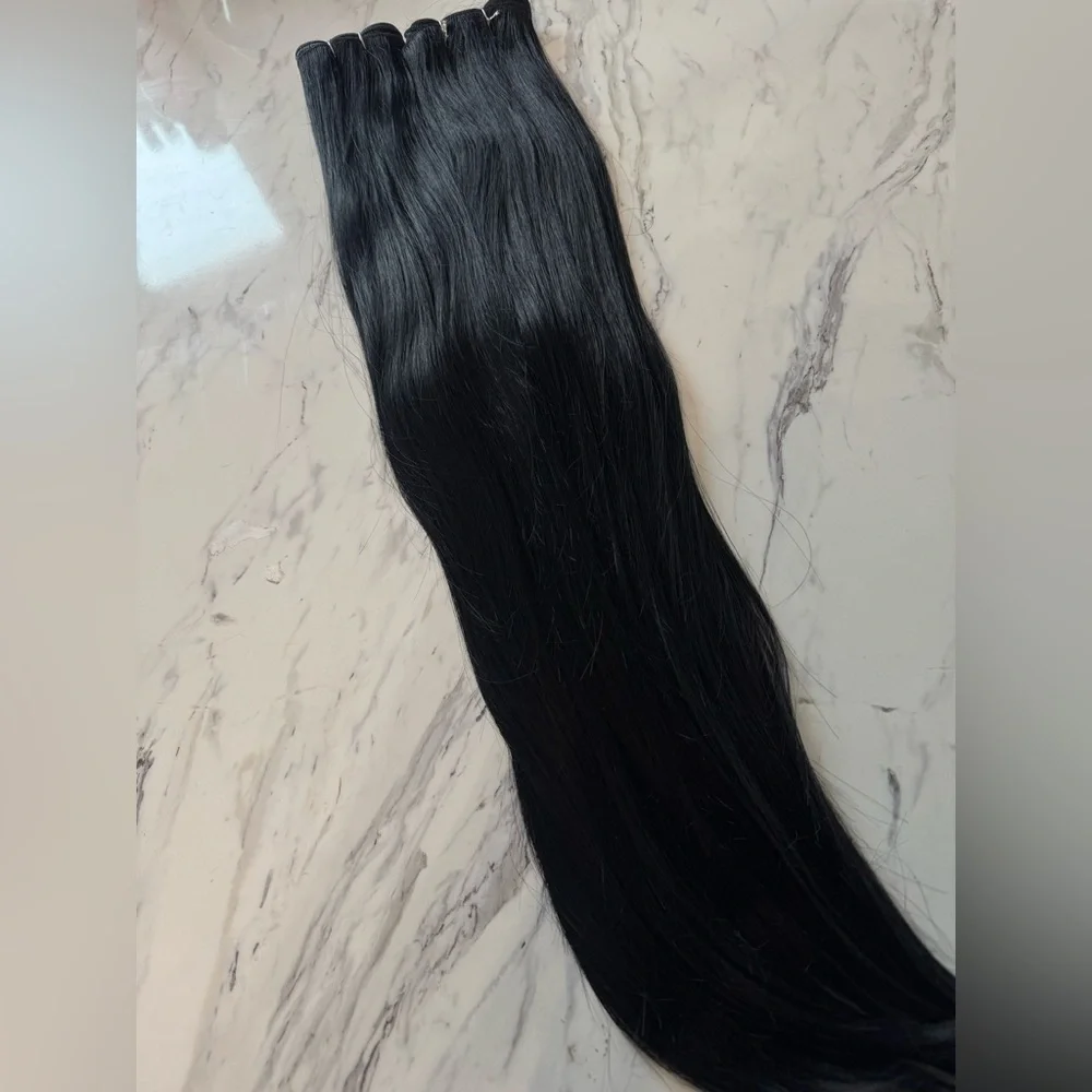 28” Jet Black Human Hair Imitation Weft Extensions – Long Straight Silky Wefts